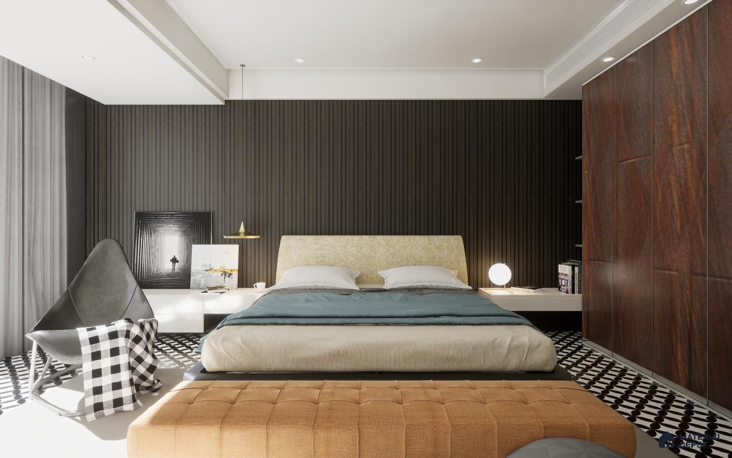 Modern bedroom with elegant decor panels, matte tiles, and sophisticated laminate cupboards