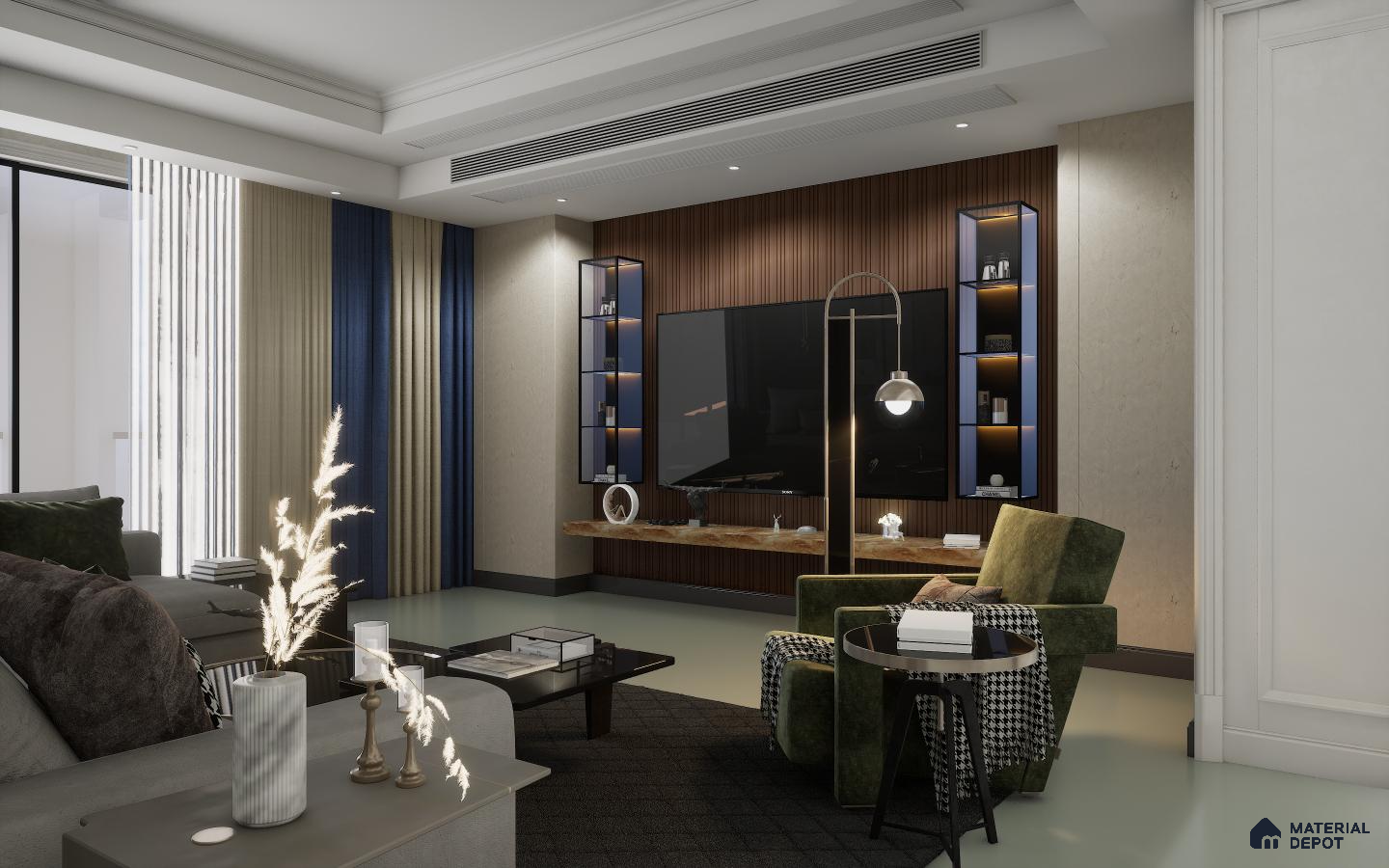 Elegant Marbelo Laminate TV Unit with Olive Tiles
