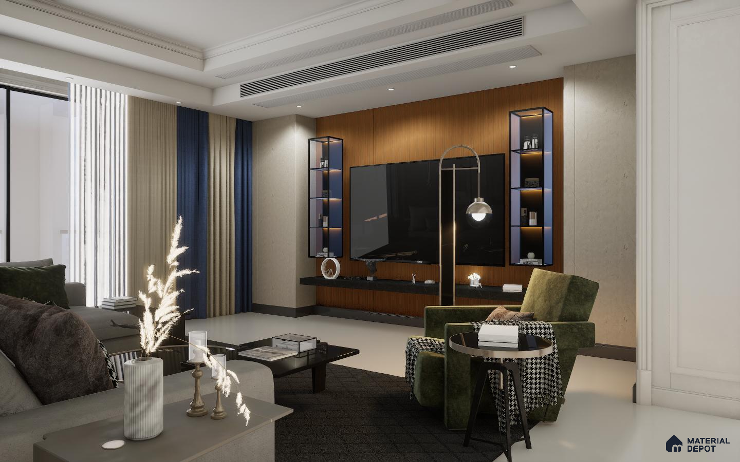 Luxury Living Room with Cement-Finish TV Unit and Vitrified Tiles