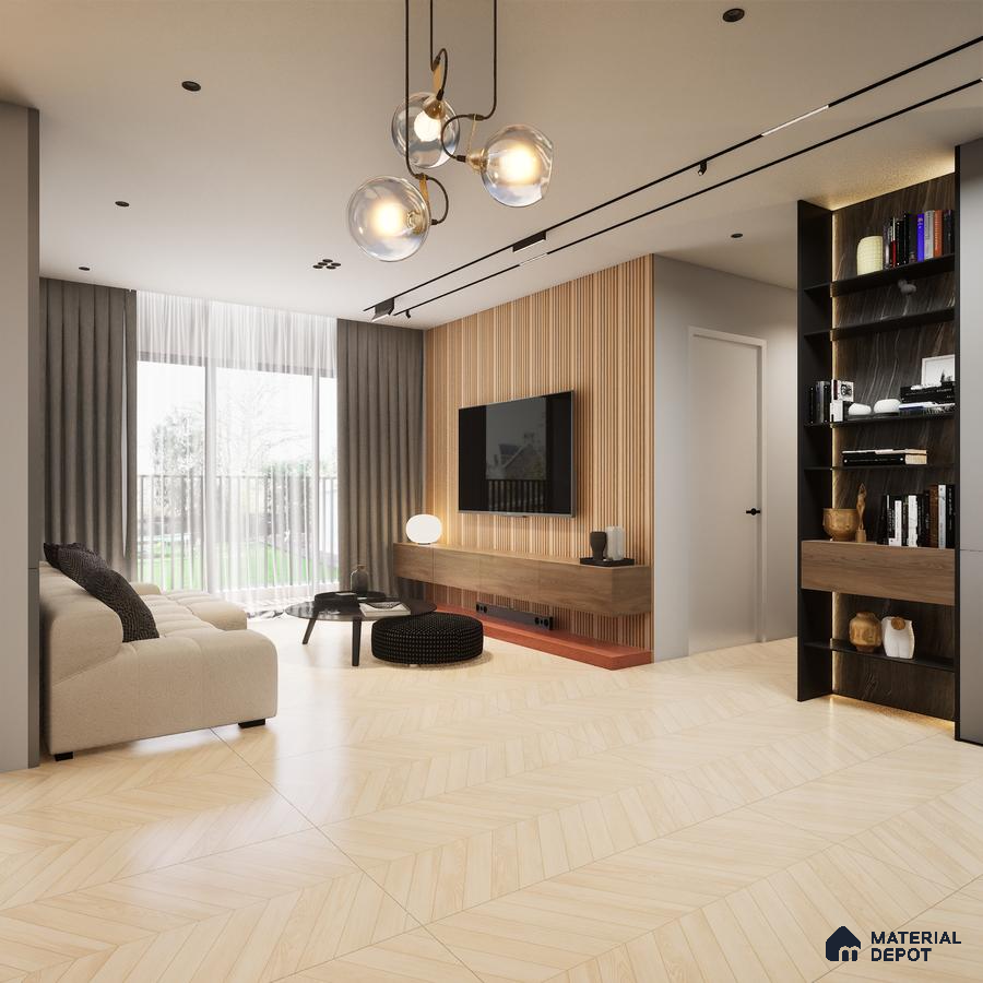 Murfi Crema 1200x600 mm Harringbone Surface GVT Tile - 9 mm | Material Depot
