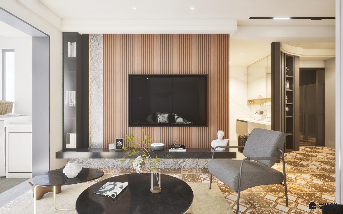 Modern living room with brown TV panels