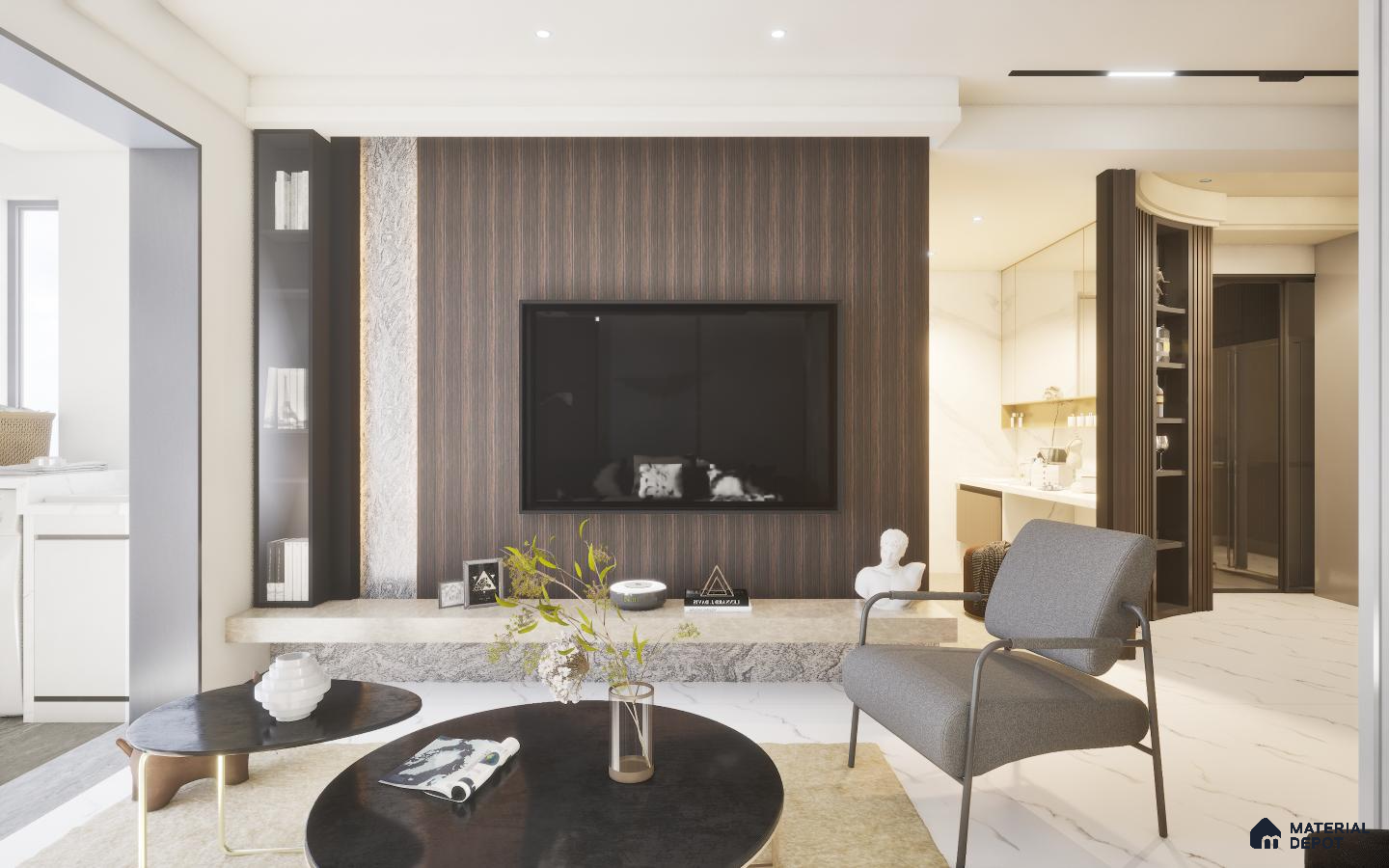 Modern classic living room with brown panels, white background, marble-look tiles, and cement-finish laminate TV unit