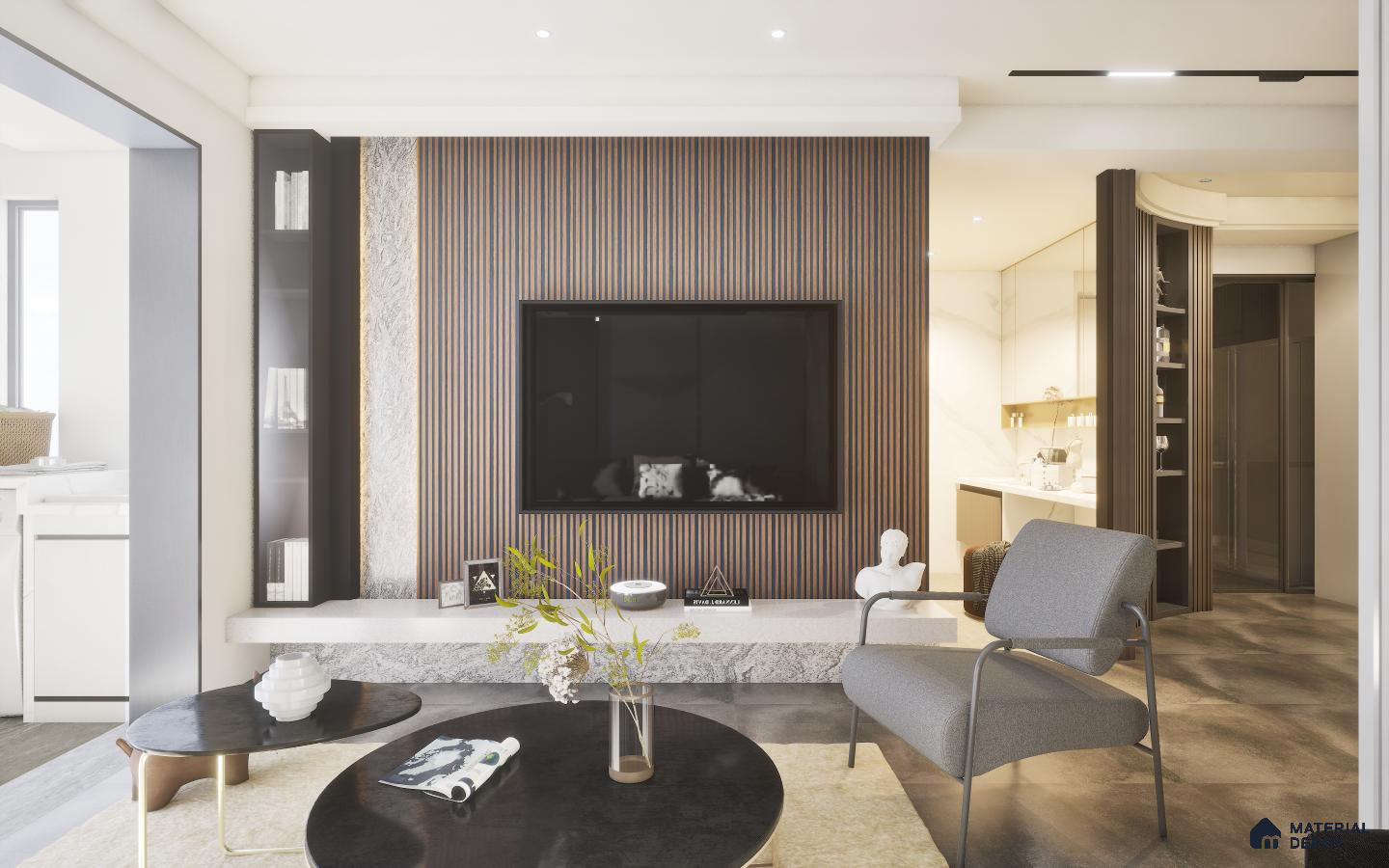 Brown Panels, Mica TV Unit, Stone Tiles Living Room
