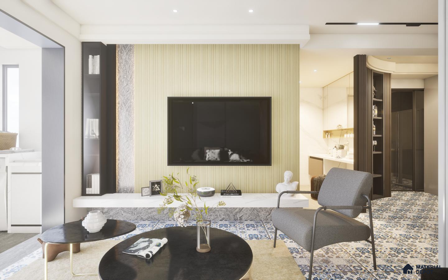 Modern Living Room with Brown Laminates and Moroccan Tile