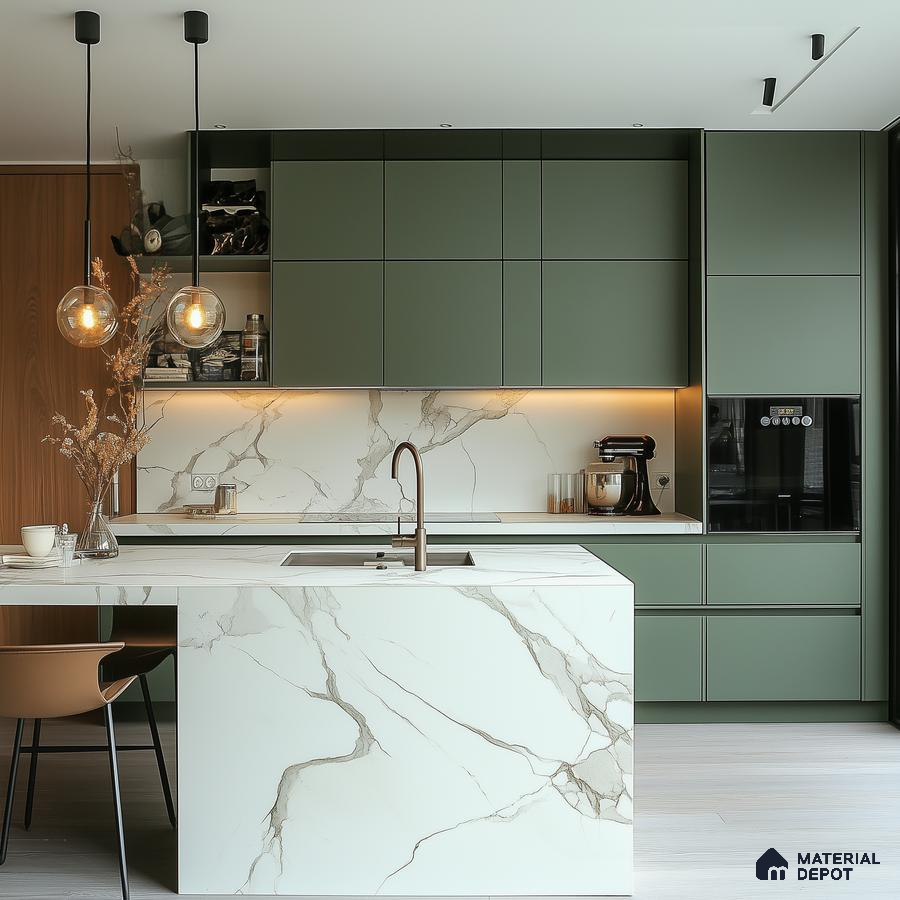 A Luxurious Kitchen Retreat: A Blend of Green and Marble Elegance | Material Depot