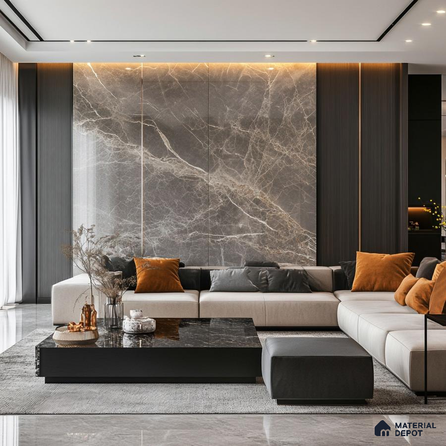 A Modern Masterpiece: A Luxurious Living Room with a Marble Feature Wall | Material Depot