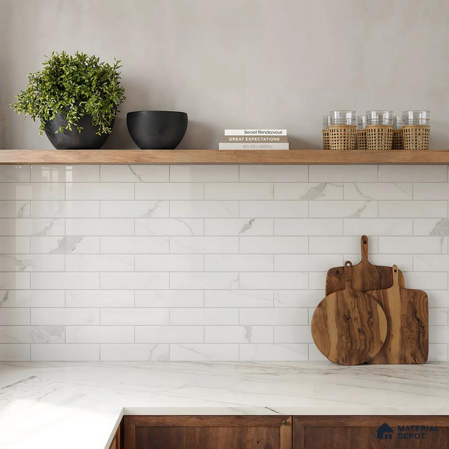 A Study in Subway Tile and Stone interiors Pashmina Lagoon Residences KR Puram | Material Depot