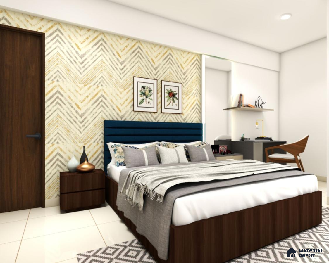 Stylish bedroom with a geometric wall, a large bed, a wooden nightstand, a wooden wardrobe, and a desk with a chair.