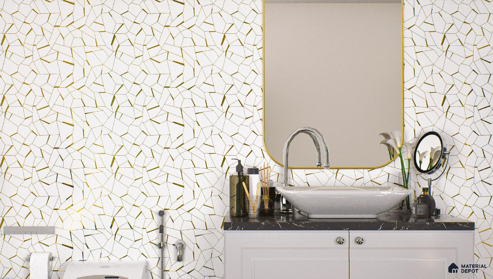 Contemporary bathroom with abstract cracked glass highlighter tiles.