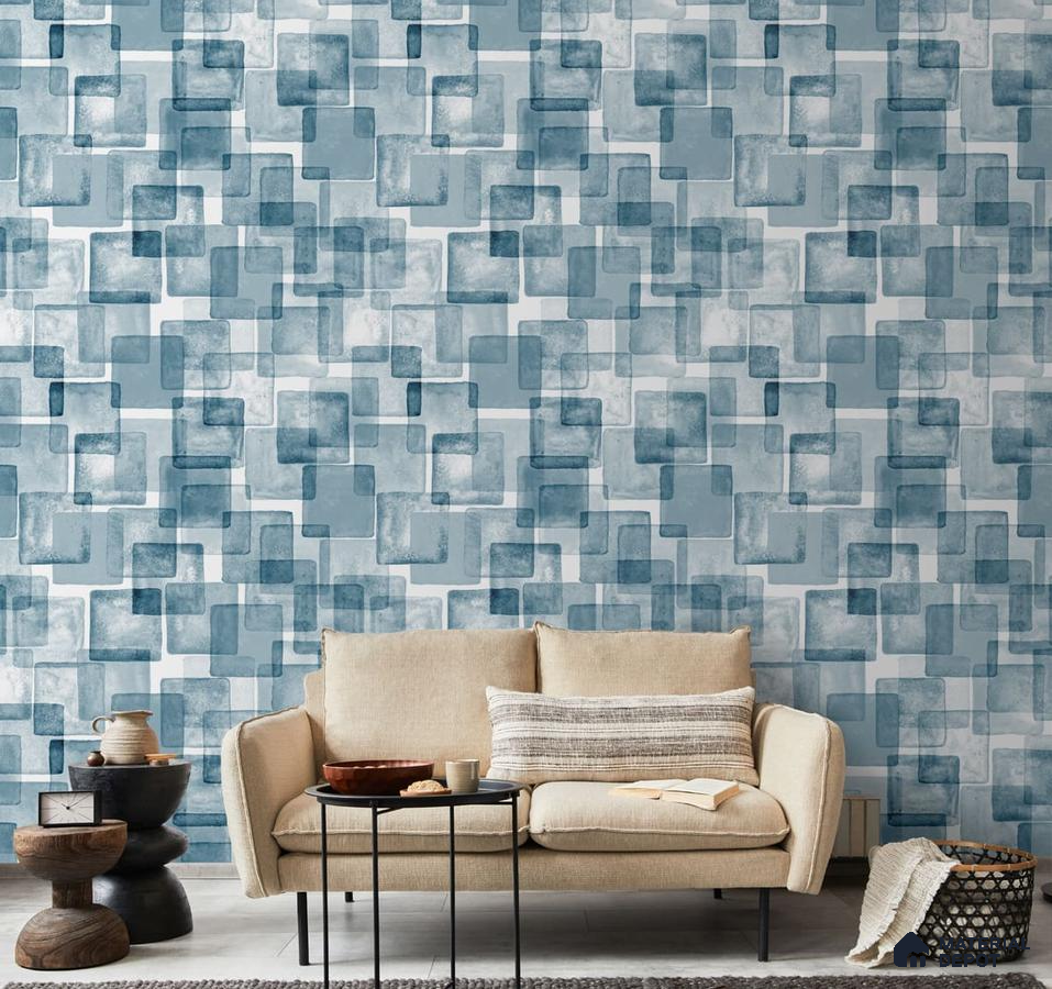 A close-up of a Blue and White Abstract Square Blocks Wallpaper 19.6 Inches(W) x 420 Inches(H) Atarangi Series Abstract Patterned - 57 Sq. Ft. with a finish available at Material Depot in Bangalore