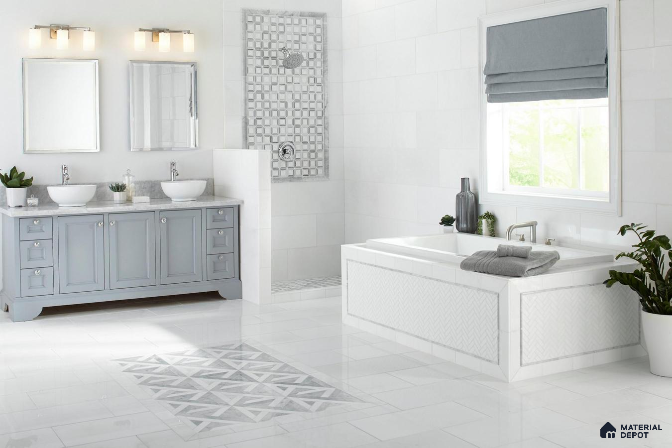 Bathroom with marble floor and patterned tiles