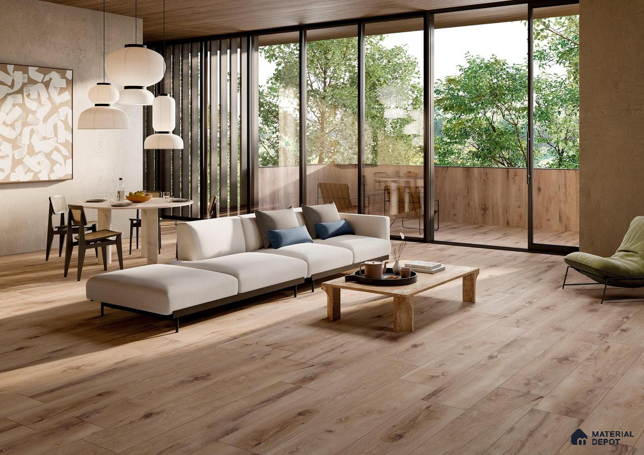 Living room with wooden flooring and plant decoration