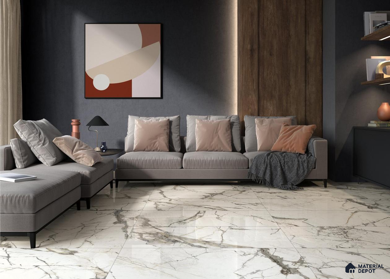 Living room with marble tile floor