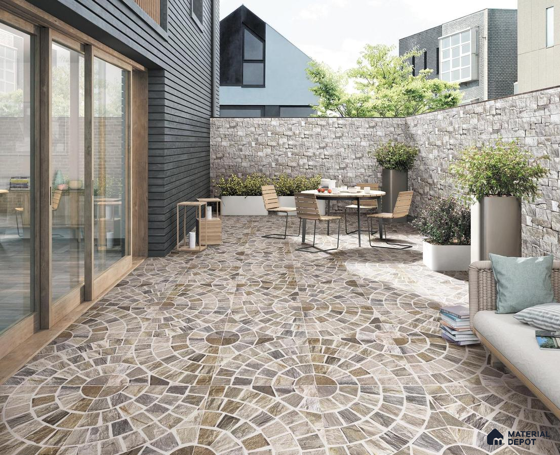 Outdoor area with patterned stone tiles