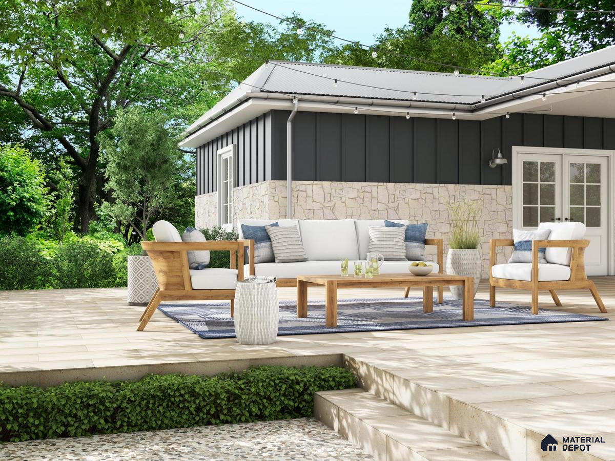 Outdoor space with wooden flooring and patterned stone tiles