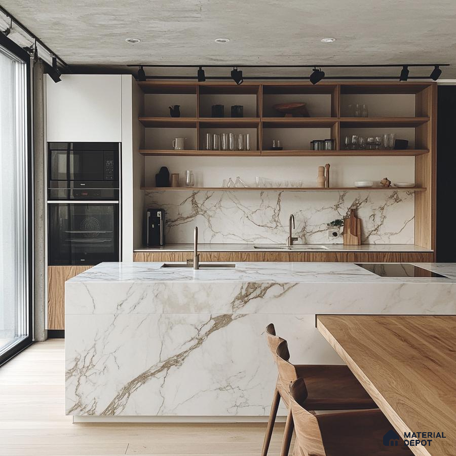 Airy and Bright Open-Plan Kitchen with Marble Waterfall Island | Material Depot