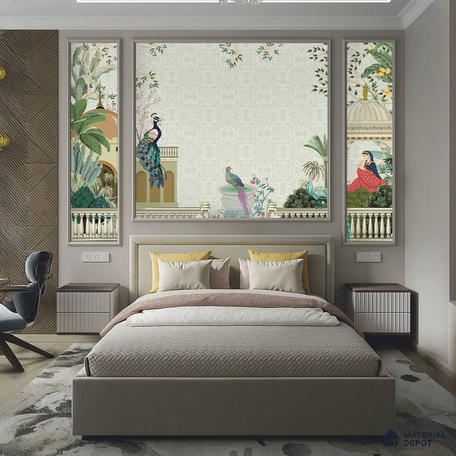 Art Deco bedroom with chinoiserie wallpaper, chevron wood panel, and upholstered bed in Bengaluru