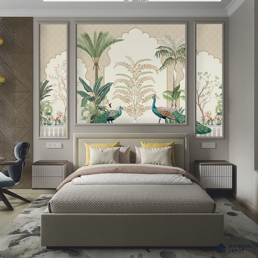 Art Deco bedroom with chinoiserie wallpaper, suede upholstered bed, and wooden chevron wall panels in Bengaluru