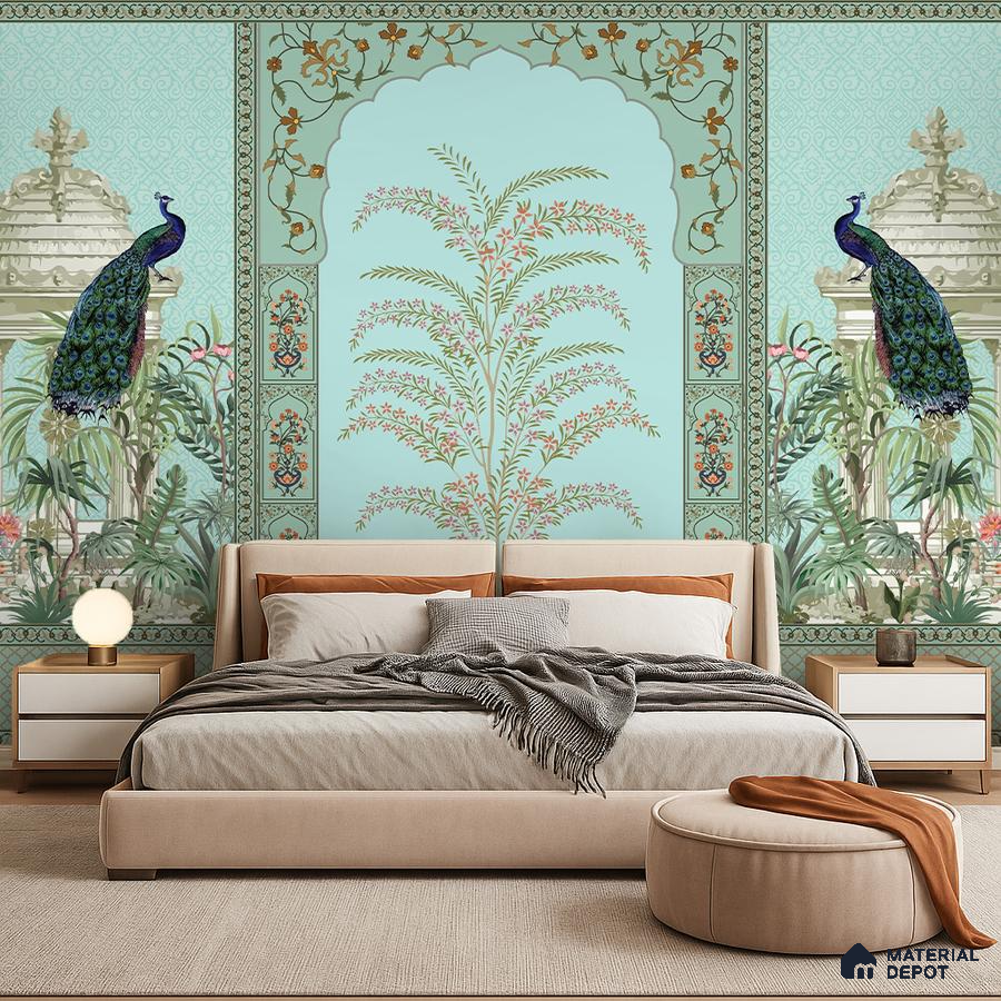 Art Deco bedroom with Indian pichwai wallpaper and beige suede upholstered bed in Bengaluru