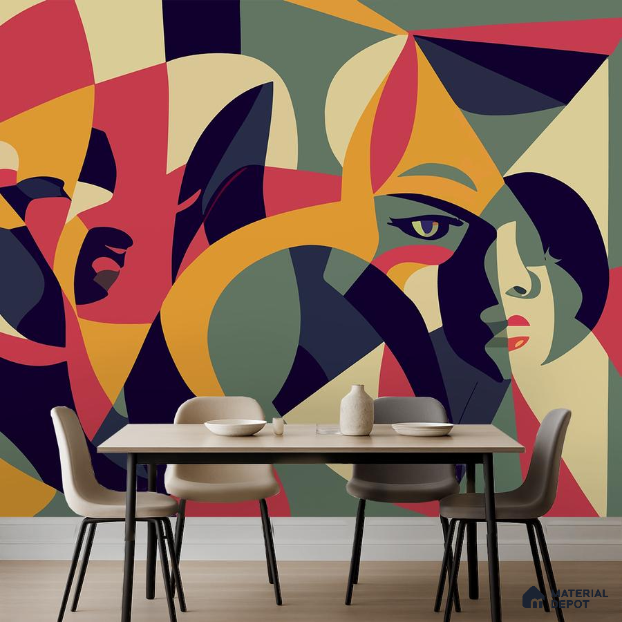 Art Deco dining room with abstract geometric wallpaper and light wood flooring in Bengaluru