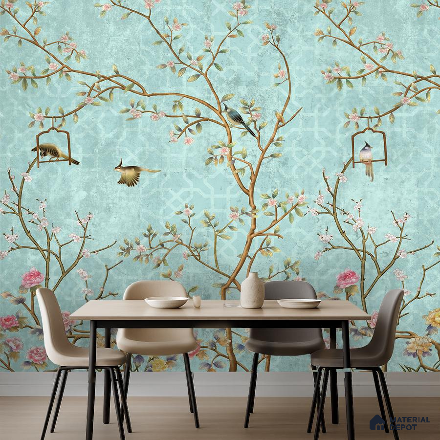 Art Deco dining room with chinoiserie floral wallpaper and light wood flooring in Bengaluru
