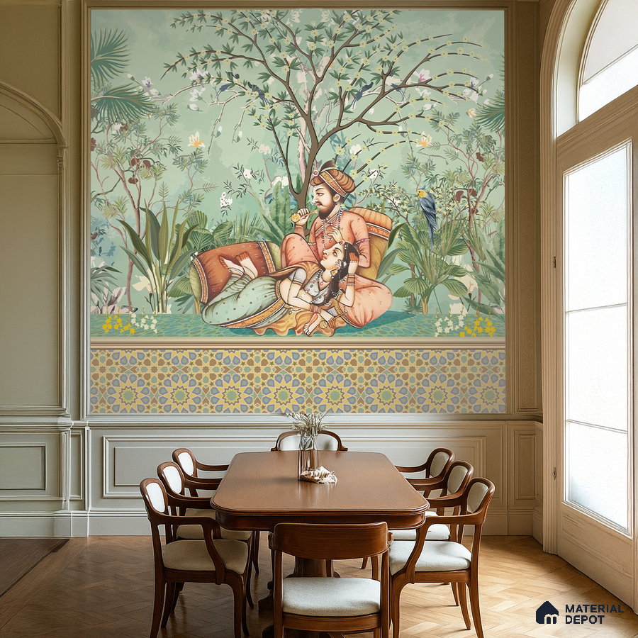 Art Deco dining room with Indian mural wallpaper and geometric patterned wall tiles in Bengaluru