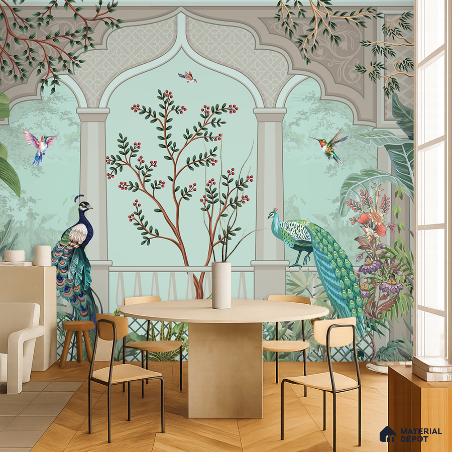 Art Deco dining room with Indian mural wallpaper and light wood chevron flooring in Bengaluru