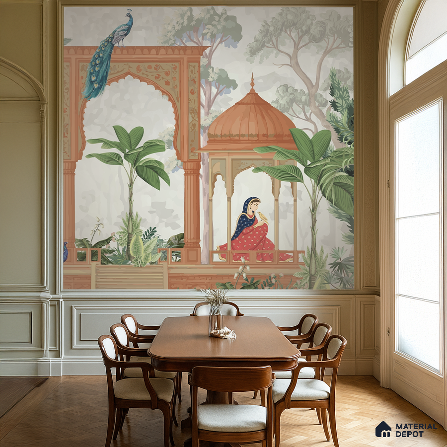 Art Deco dining room with Indian mural wallpaper and wooden dining set in Bengaluru