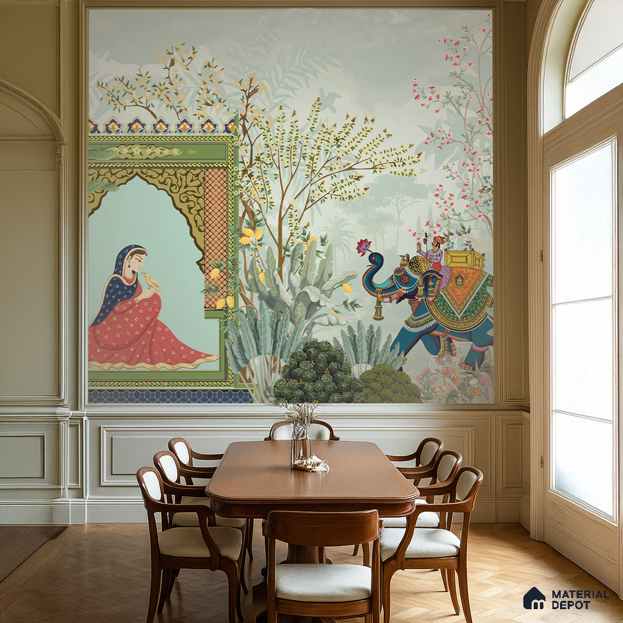 Art Deco dining room with Indian mural wallpaper and wooden flooring in Bengaluru