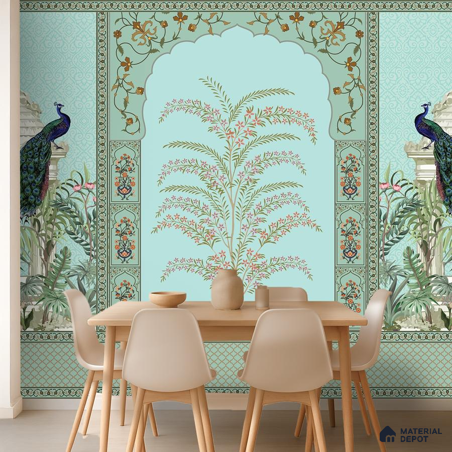 Art Deco dining room with Indian pichwai wallpaper and light wood dining set in Bengaluru