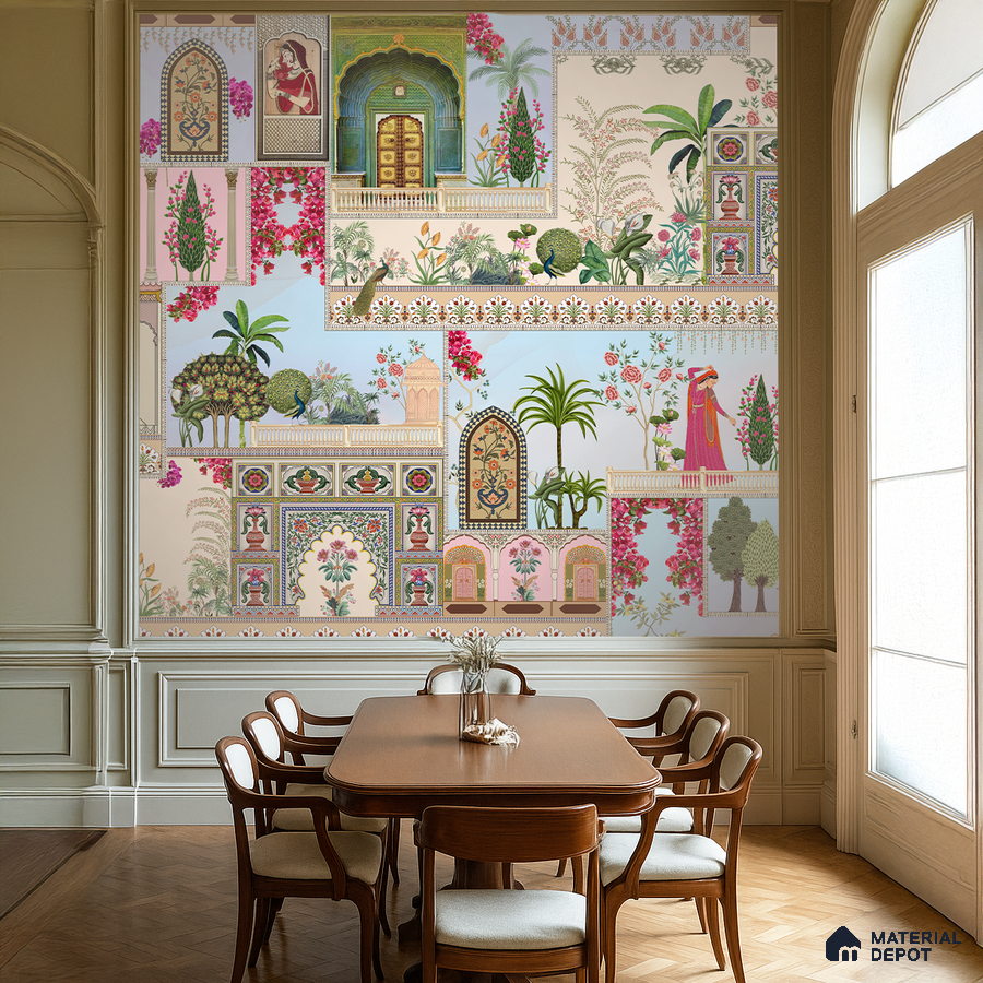 Art Deco dining room with Indian pichwai wallpaper and wooden flooring in Bengaluru