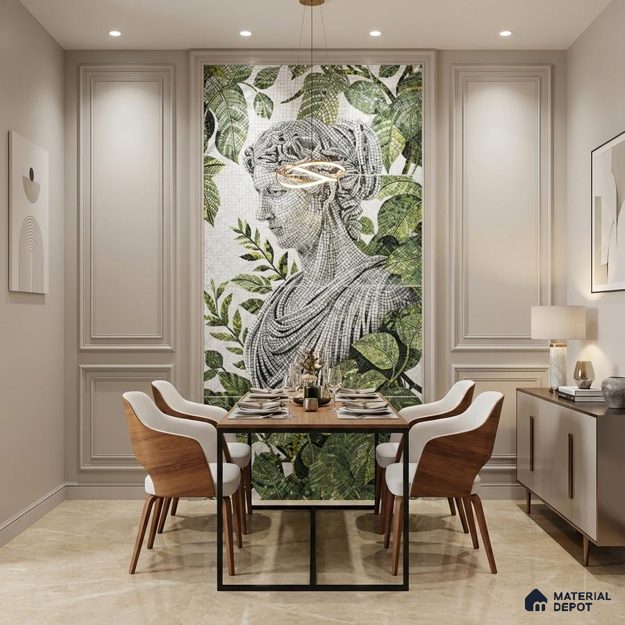 Art Deco dining room with mosaic poster mural tile on wall, beige marble floor tile, and walnut wood dining chairs
