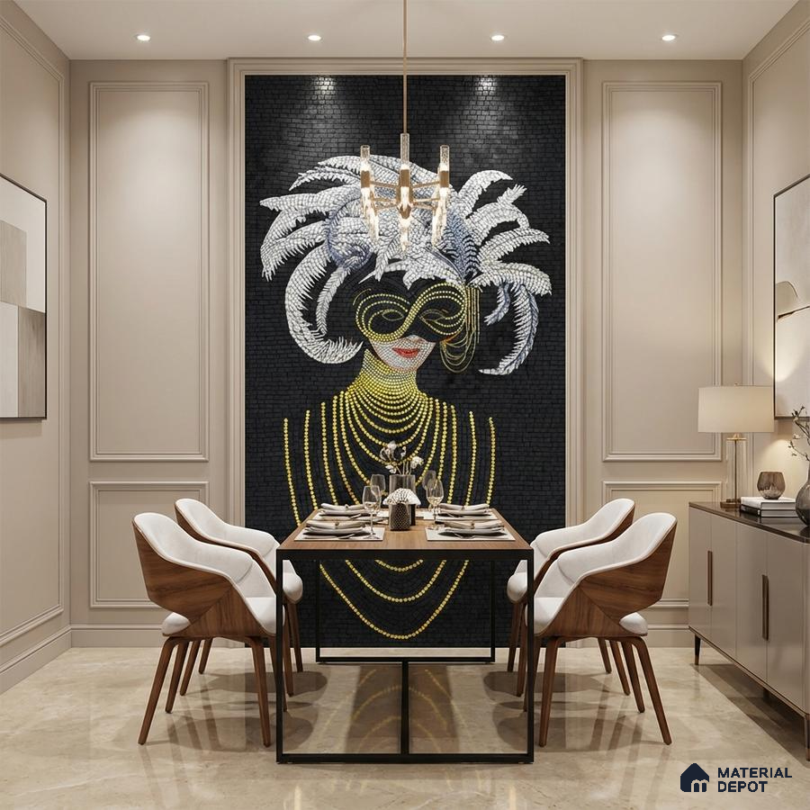 Art Deco dining room with mosaic poster wall tile feature wall and beige marble floor tile