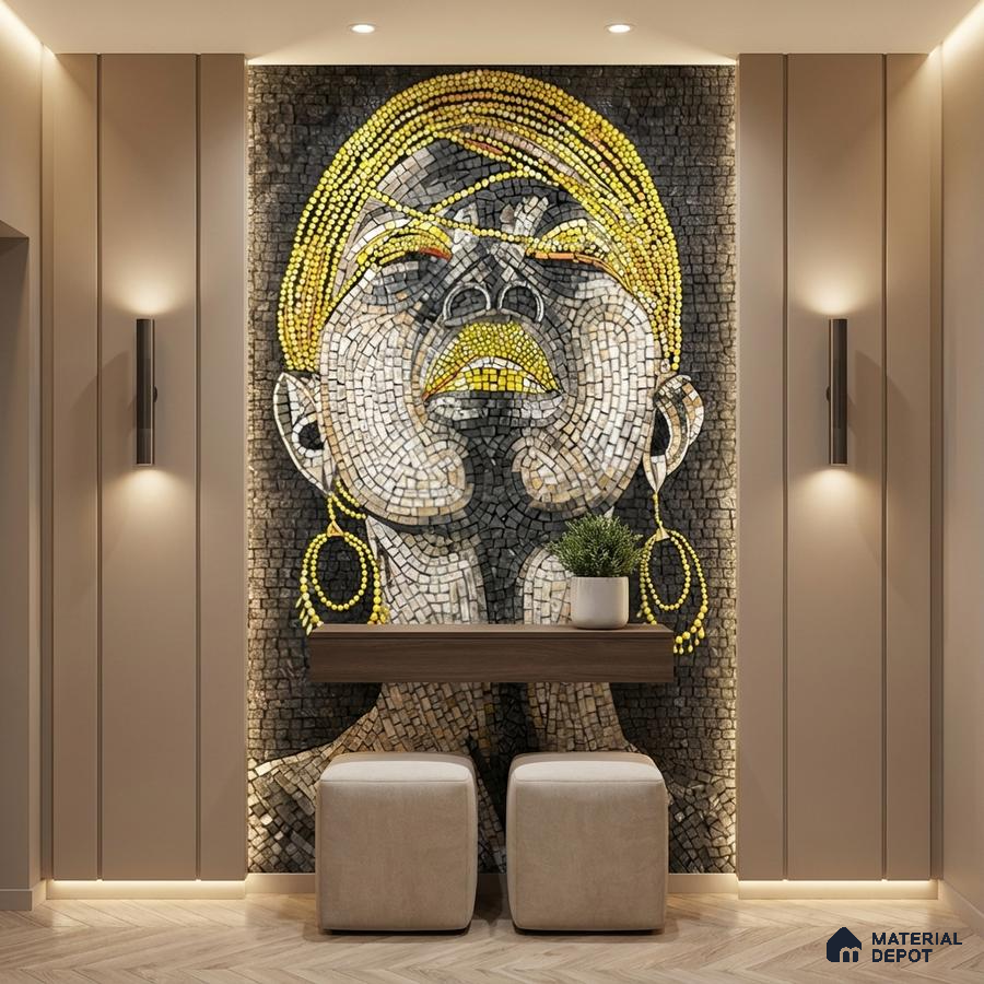 Art Deco foyer with mosaic accent wall and taupe wall panels