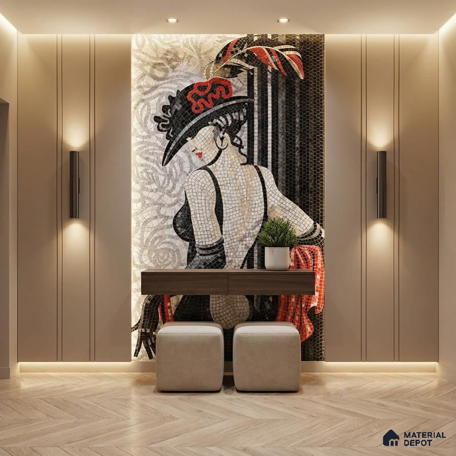 Art Deco foyer with mosaic poster mural tile on wall, taupe wall panels, and herringbone wooden flooring