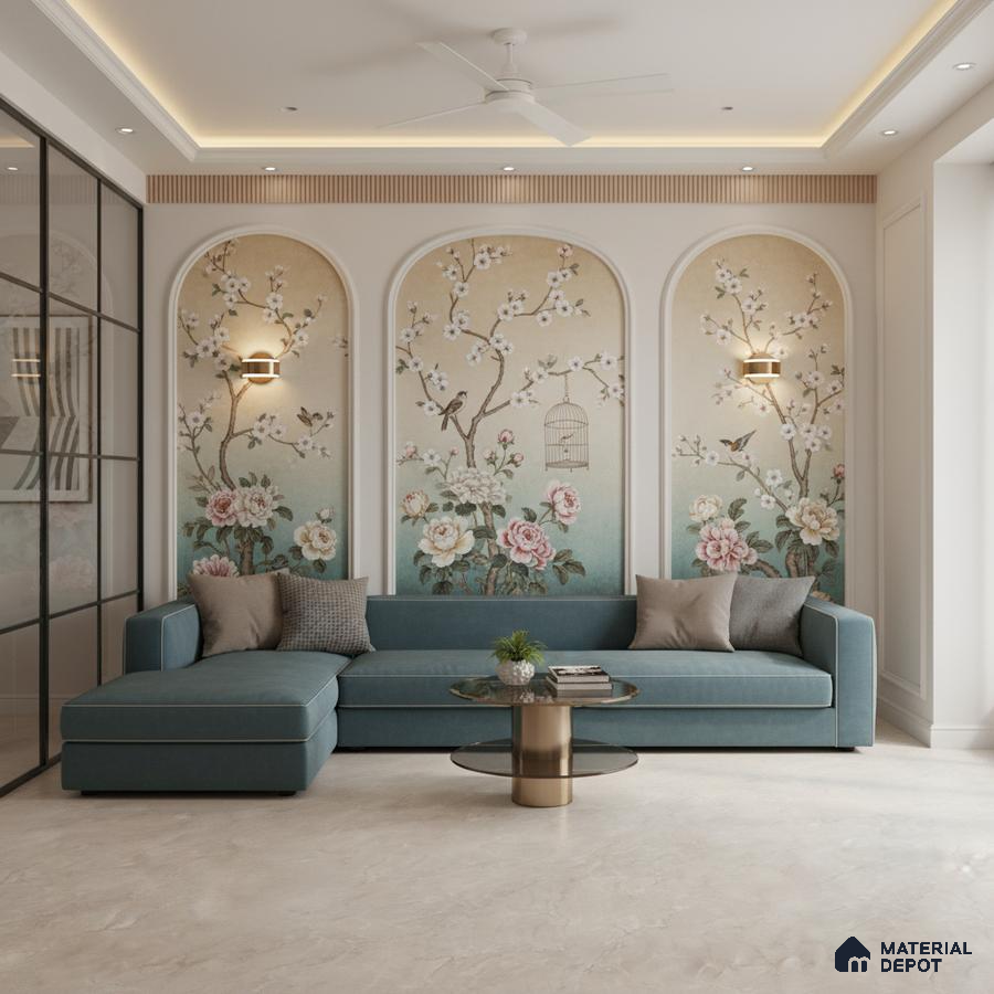 Art Deco living room with chinoiserie floral wallpaper and beige marble floor tile in Bengaluru