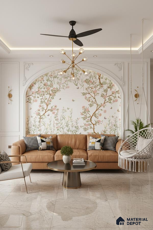 Art Deco living room with chinoiserie floral wallpaper and glossy beige marble floor tiles in Bengaluru