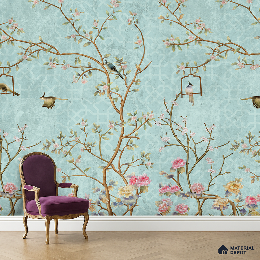 Art Deco living room with chinoiserie floral wallpaper and herringbone wood flooring in Bengaluru