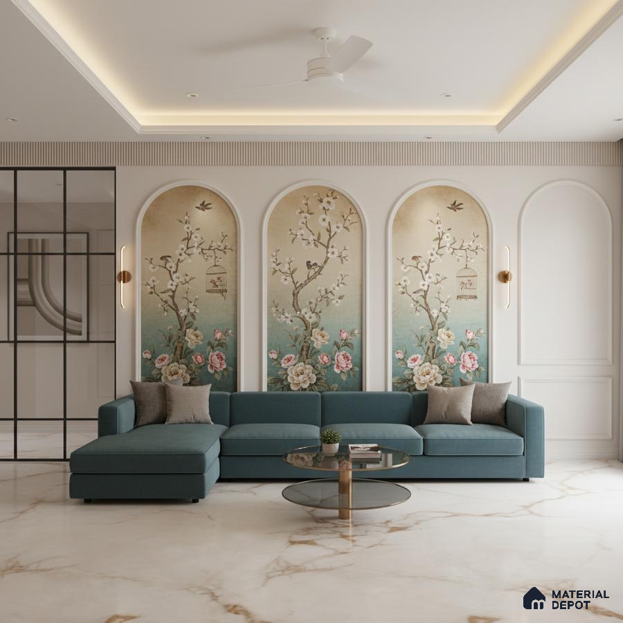Art Deco living room with chinoiserie floral wallpaper and marble floor tile in Bengaluru