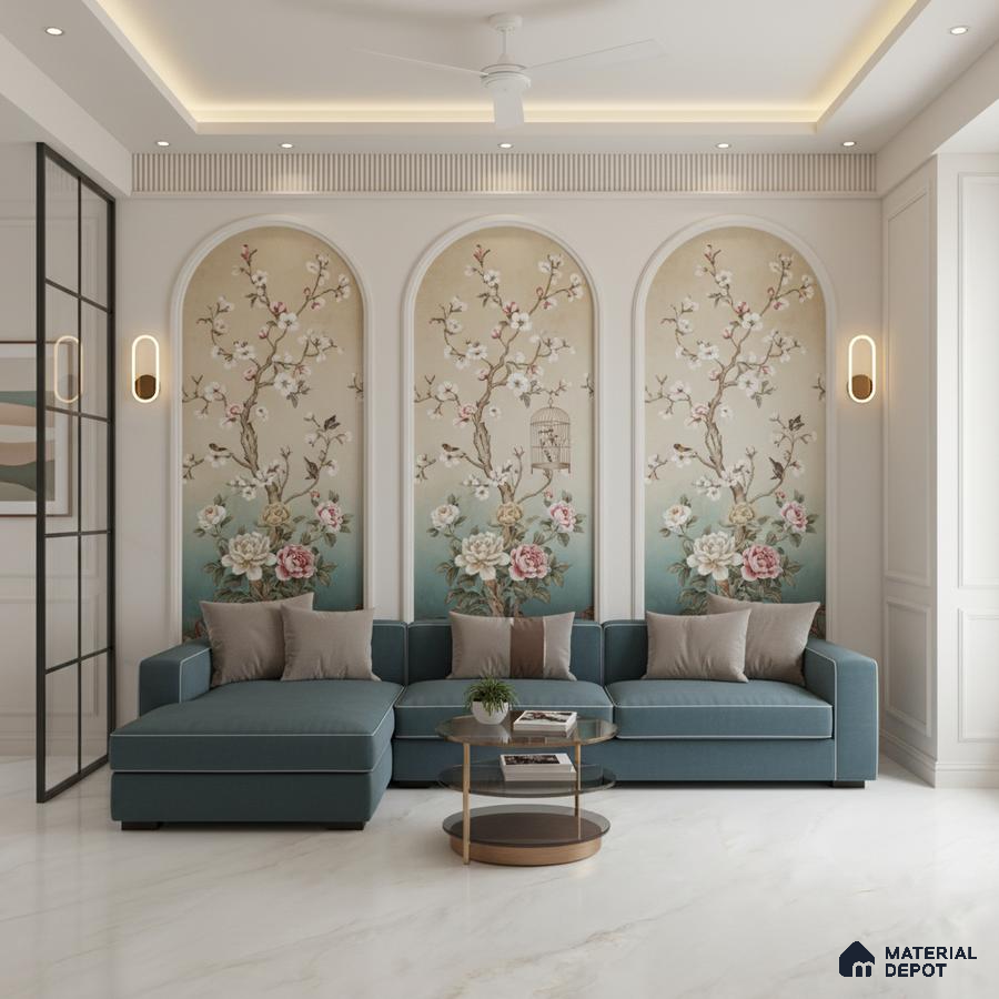 Art Deco living room with chinoiserie floral wallpaper and marble look floor tile in Bengaluru