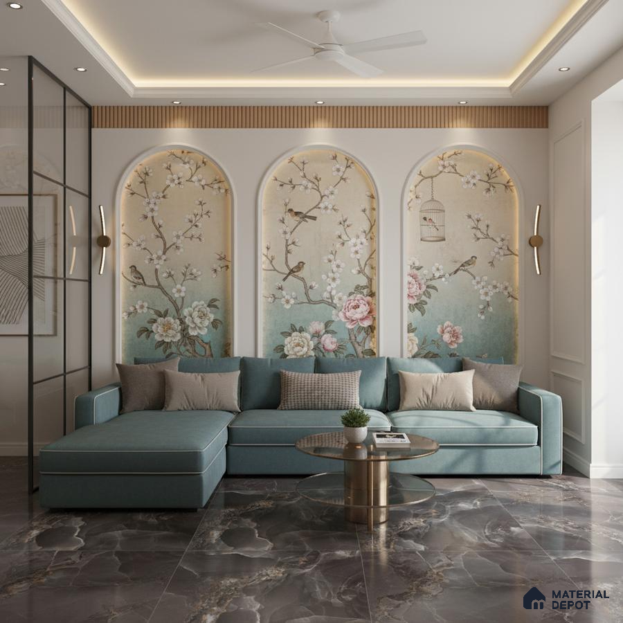Art Deco living room with chinoiserie floral wallpaper and marble look floor tiles in Bengaluru