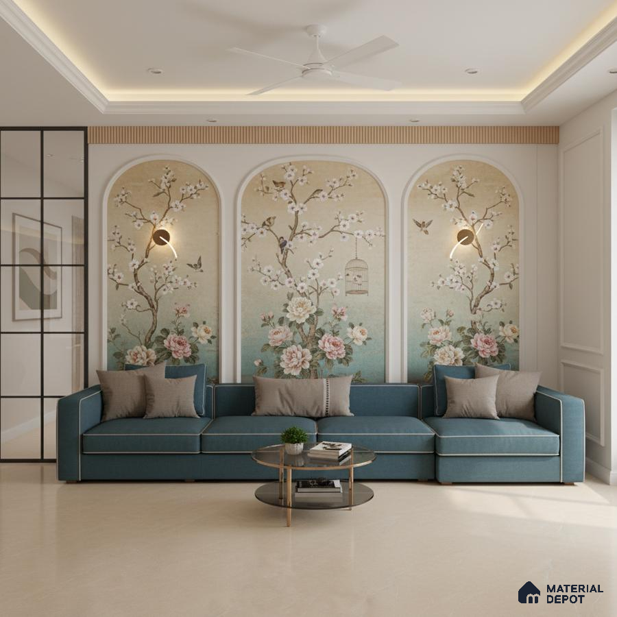 Art Deco living room with chinoiserie floral wallpaper and teal upholstered sofa in Bengaluru