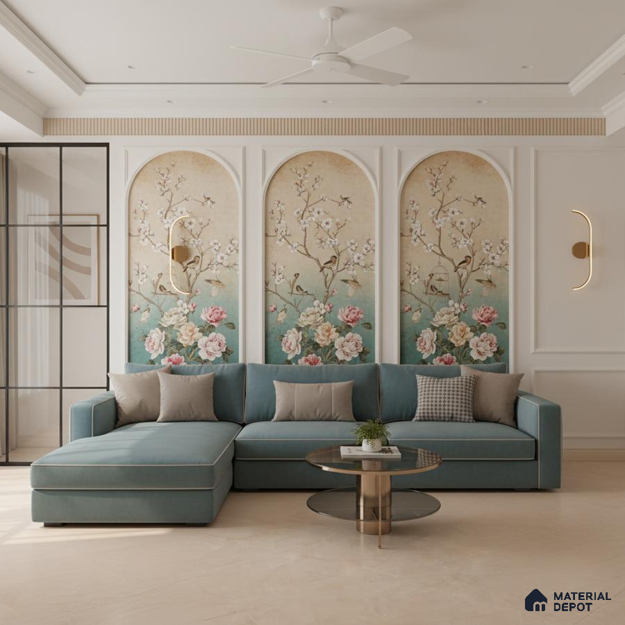 Art Deco living room with chinoiserie floral wallpaper and teal velvet sofa in Bengaluru