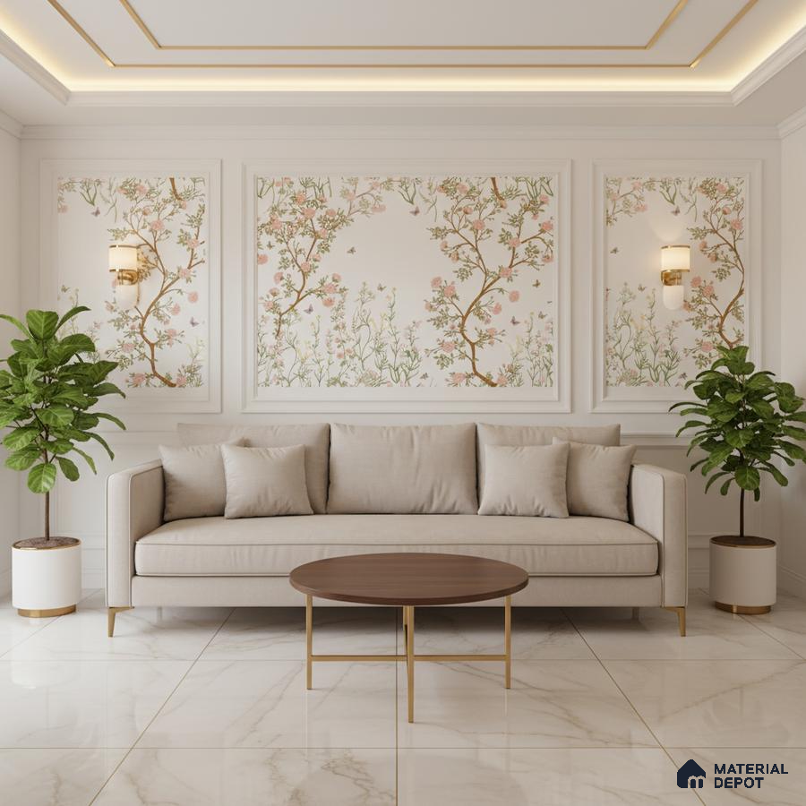 Art Deco living room with chinoiserie floral wallpaper and white marble floor tiles in Bengaluru