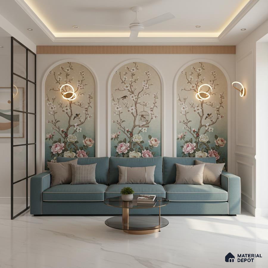 Art Deco living room with chinoiserie floral wallpaper, teal sofa, and white marble floor tile in Bengaluru