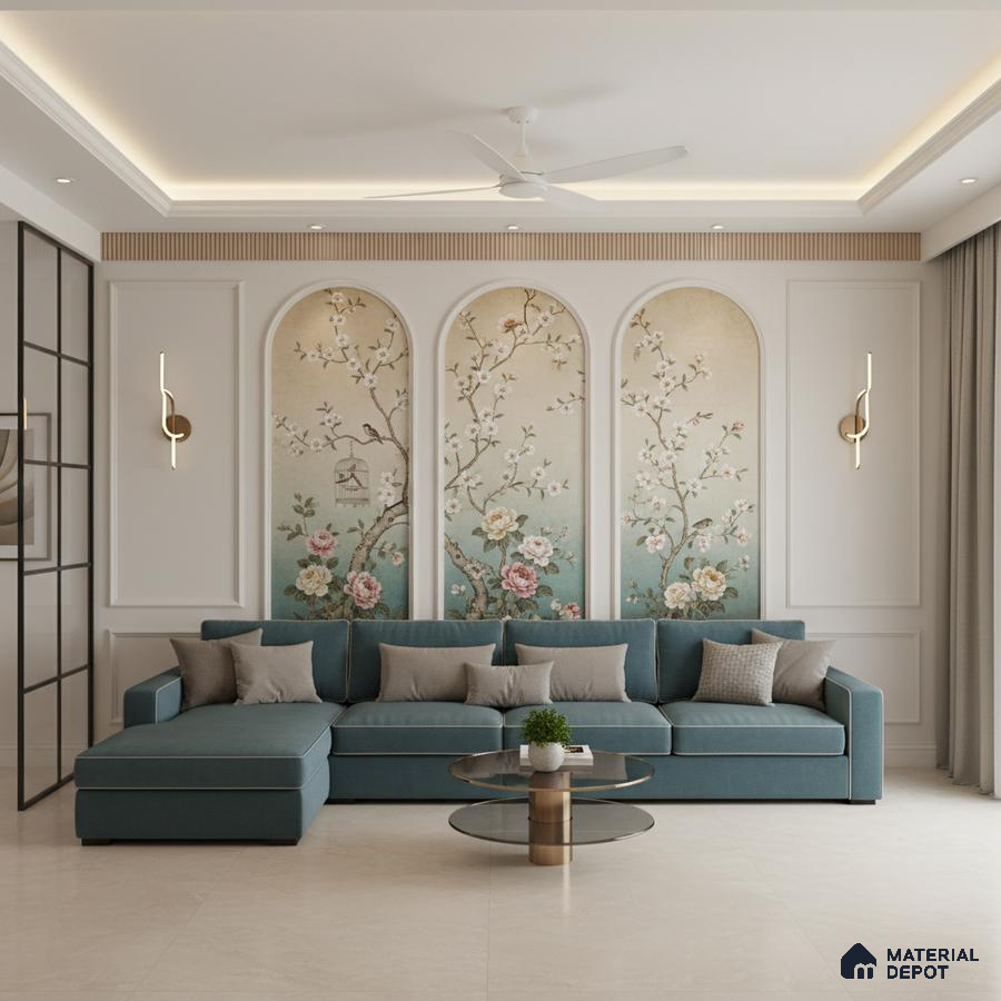 Art Deco living room with chinoiserie floral wallpaper, teal upholstered sofa, and beige marble floor tile in Bengaluru