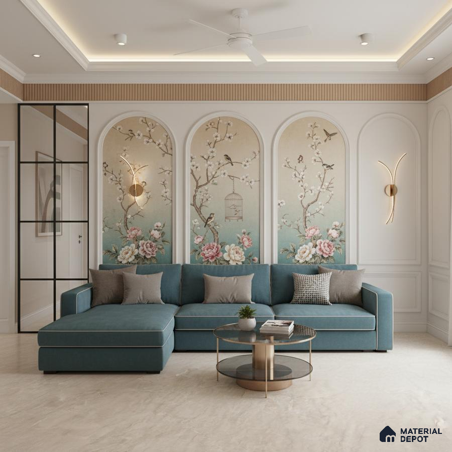Art Deco living room with chinoiserie floral wallpaper, teal velvet sofa, and marble floor tile in Bengaluru