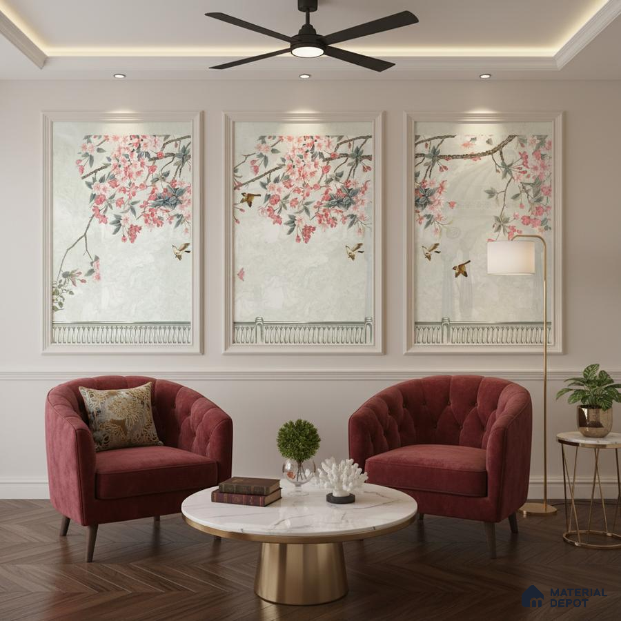 Art Deco living room with chinoiserie floral wallpaper, velvet chairs, and marble coffee table in Bengaluru