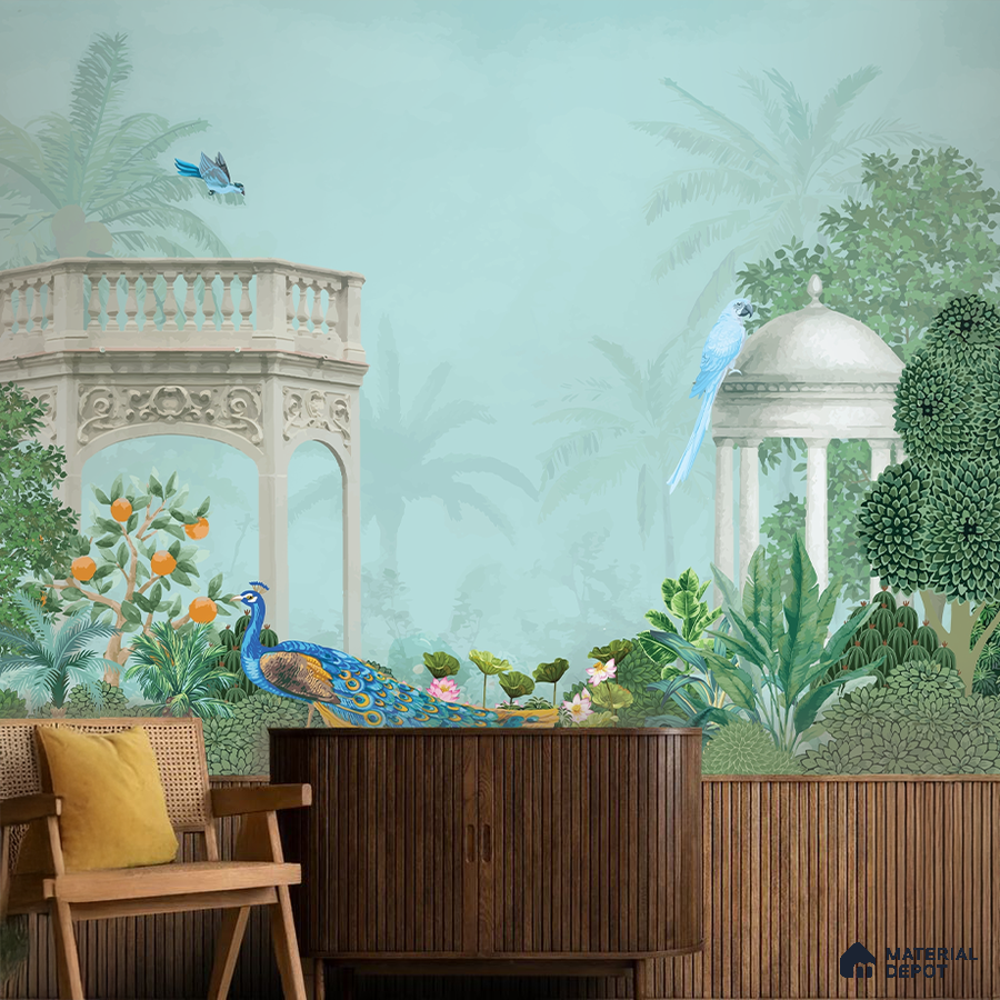 Art Deco living room with chinoiserie wallpaper and fluted wood panels in Bengaluru