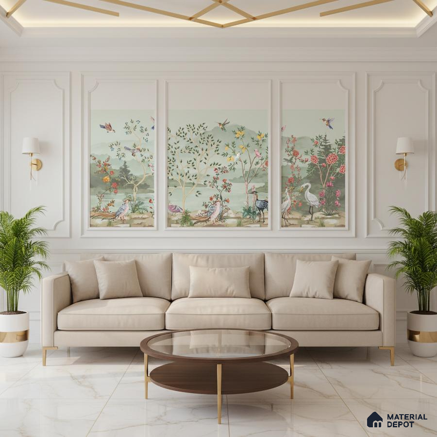 Art Deco living room with chinoiserie wallpaper and white marble floor tiles in Bengaluru
